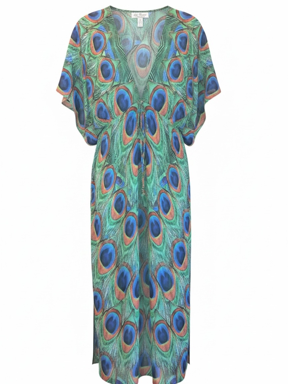 Peacock Print Maxi Kimono Dress Sheer Swim Beach Cover Caftan Tall Resort Hawaii